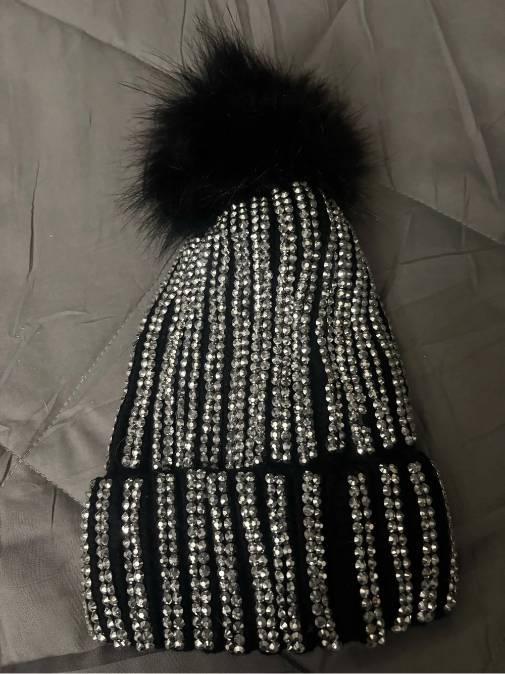 Black Rhinestone Pom Pom Beanie - Embellished Winter Hat- Pom Pom is removable